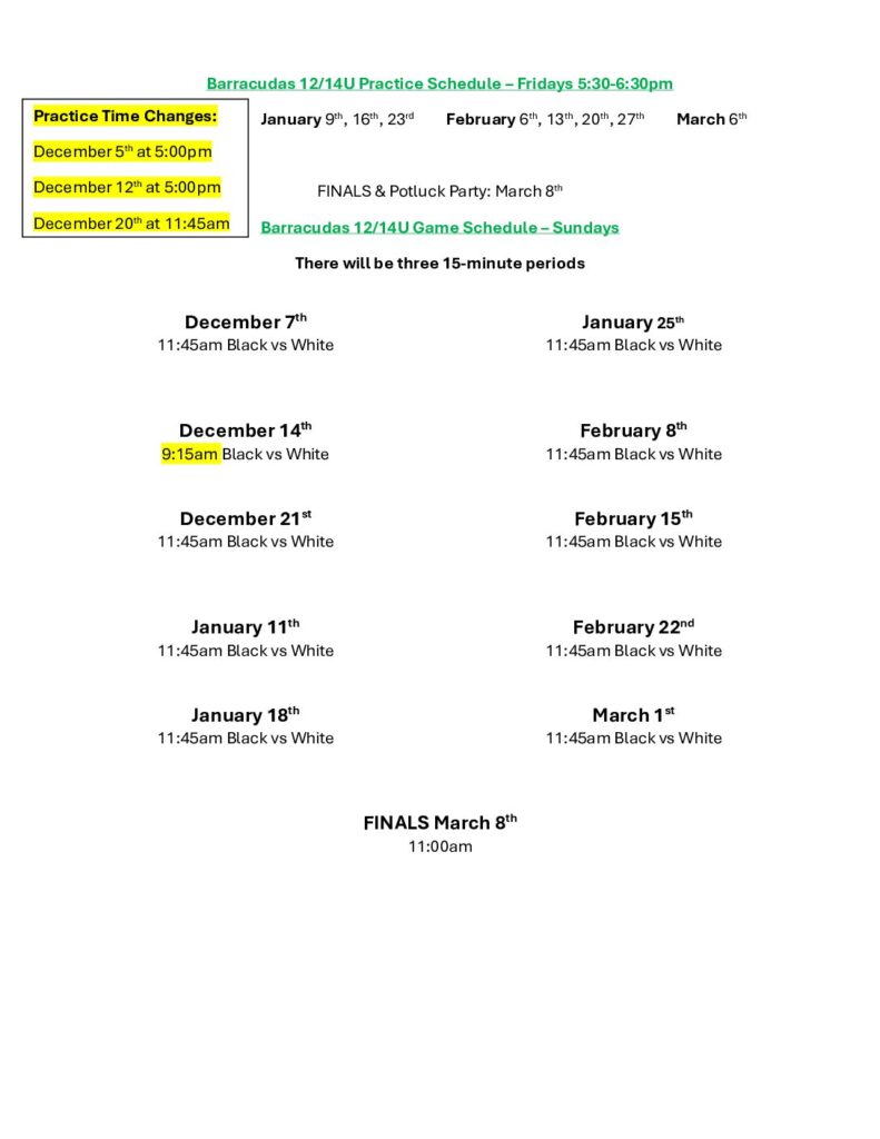 Barracudas 12.14U Schedule Winter 2025