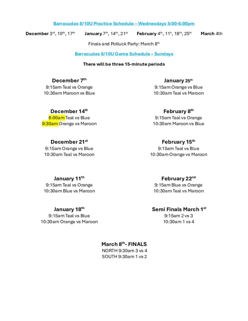 Barracudas 8.10U Schedule Winter 2025