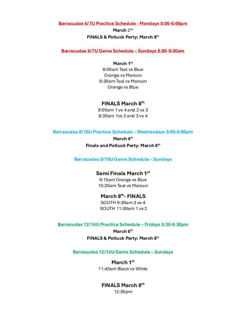 Updated Barracudas Winter Semi-Final and Final Schedule